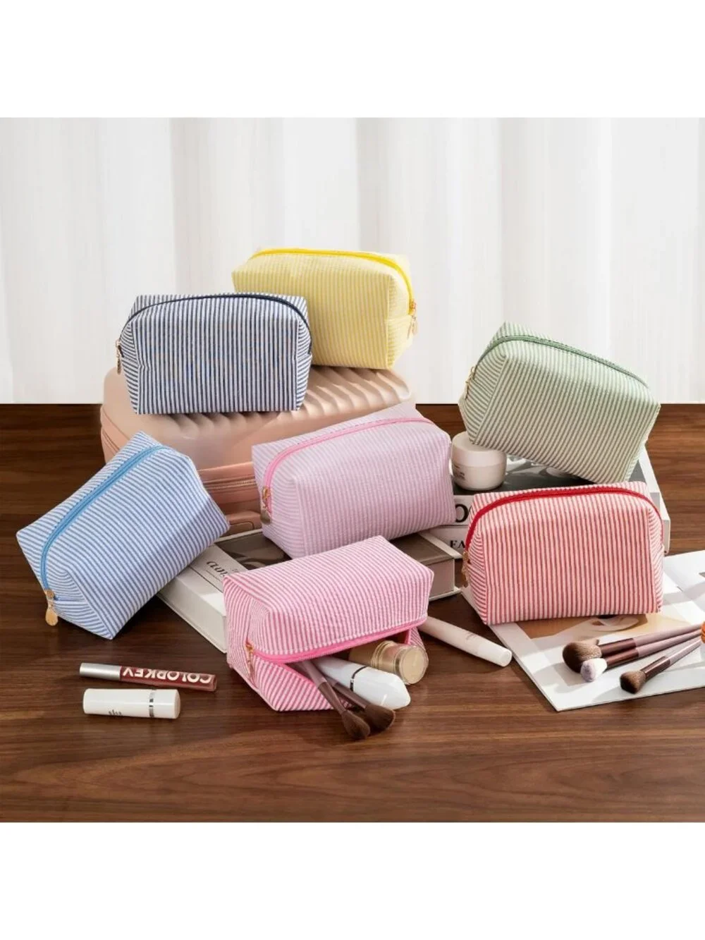 4PCS Travel Makeup Bag Set, Striped Toiletry Organizer Pouches, Cute Cosmetic